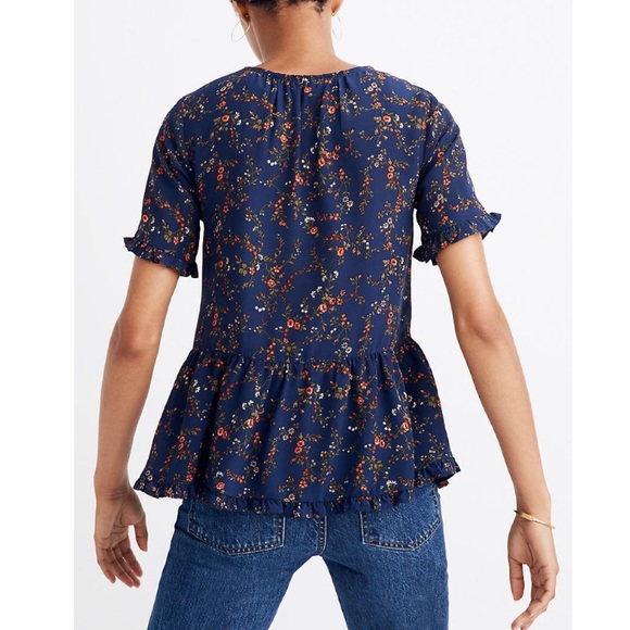 Madewell Silk Stanza Ruffle Hem Navy Blue Keyhole Floral Blouse Size Small - Picture 2 of 10
